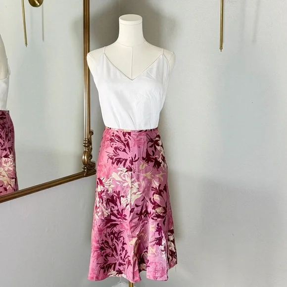 VTG 90s INC Silk Floral Midi Skirt 8P Fairycore Cottagecore Pink Coquette Mesh - Picture 1 of 7